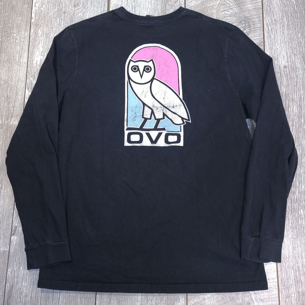 OVO Long Sleeve Shirt Mens Large Black Owl Graphic Cotton October's Very Own